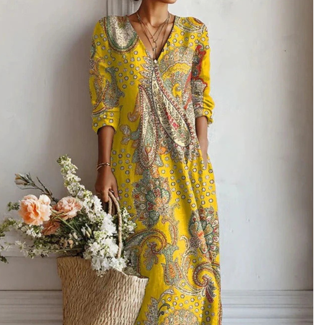Golden Paisley Bohemian Midi Dress