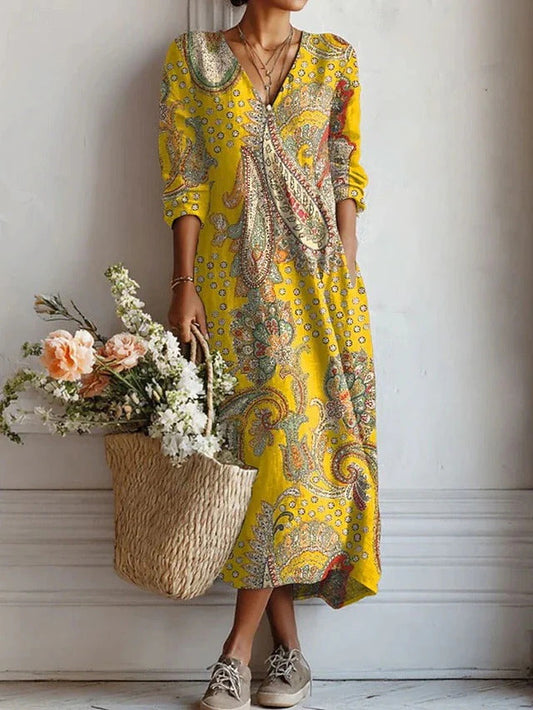 Golden Paisley Bohemian Midi Dress